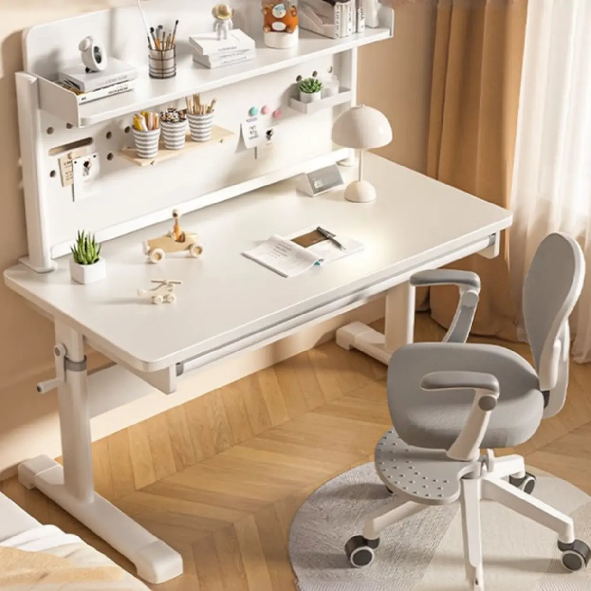 Adjustable Height White Metal Base Kids Desk with Hutch Image - 14