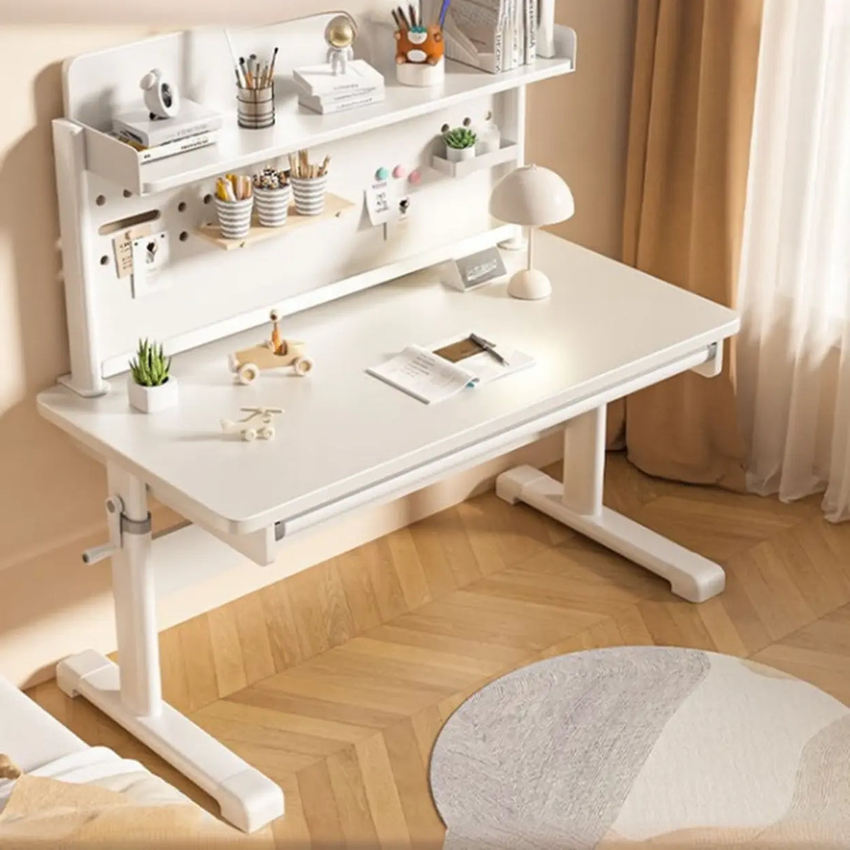 Adjustable Height White Metal Base Kids Desk with Hutch Image - 7