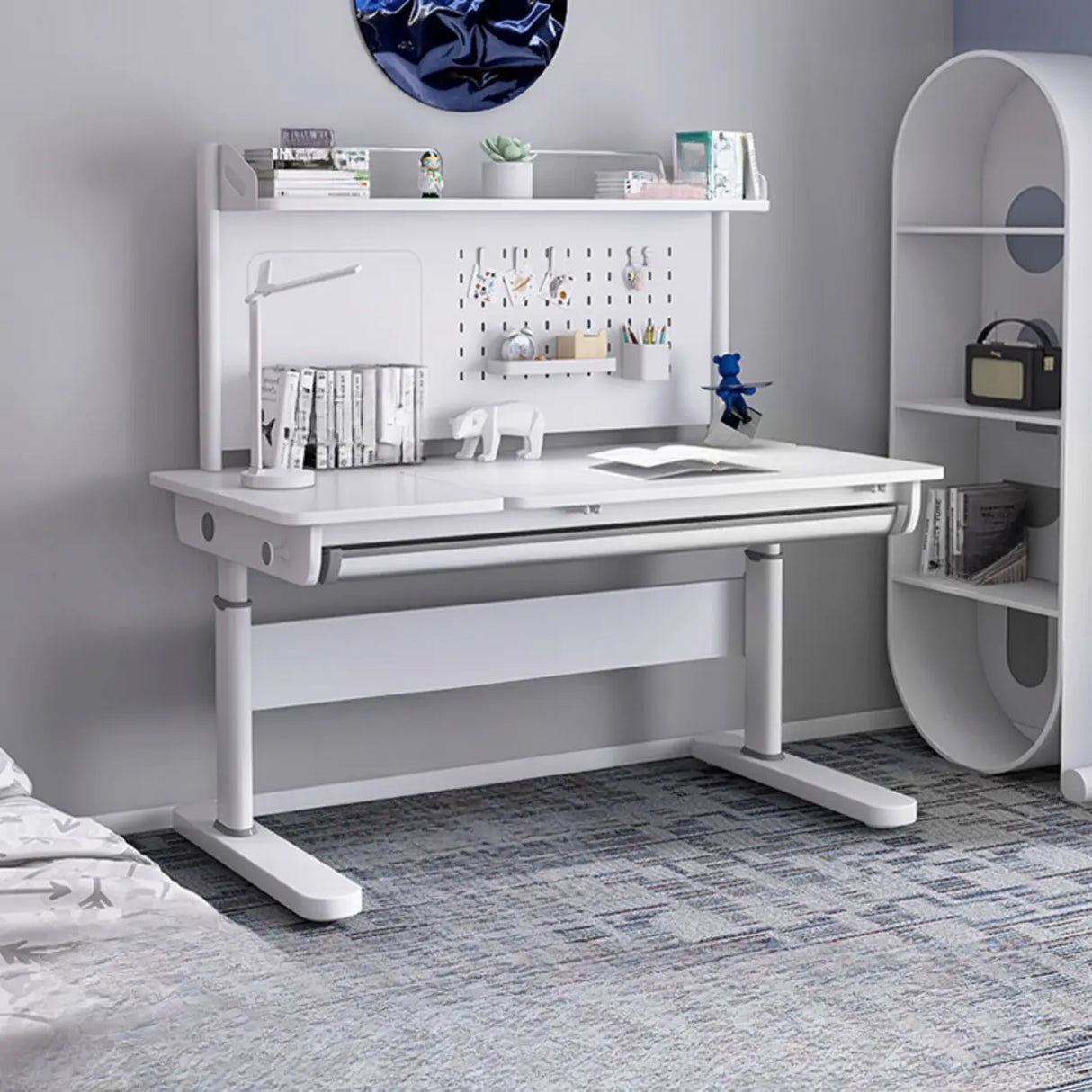 Adjustable Height White Metal Base Kids Writing Desk Image - 3