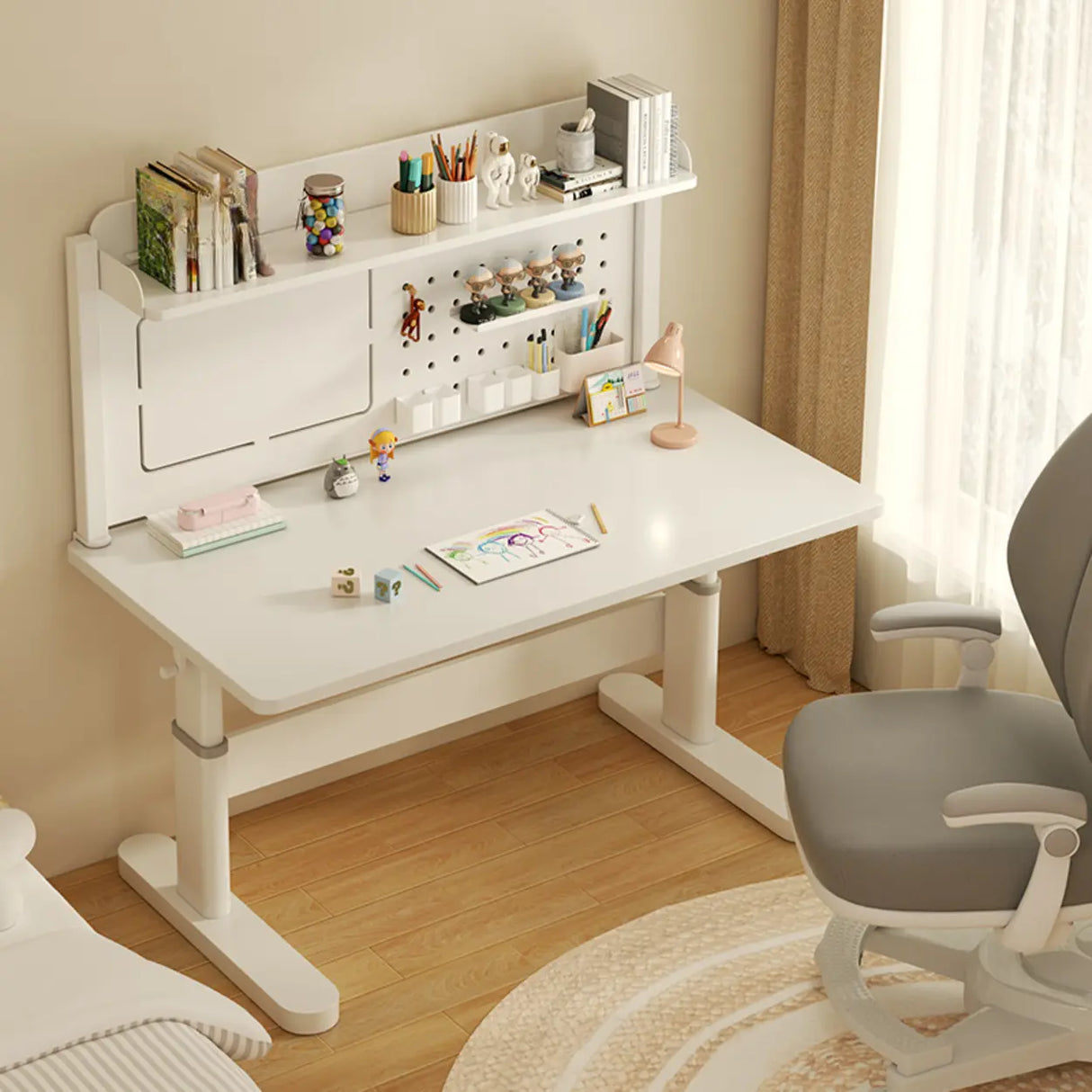 Adjustable Height White Wood Rectangular Kids Table Image - 1