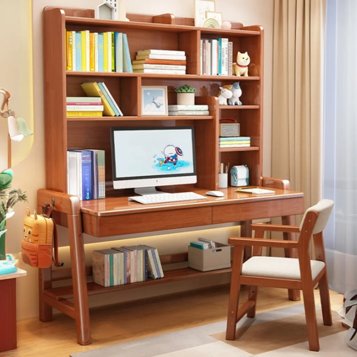 Adjustable Height Wood Kids Desk with Hutch and Shelves Image - 1