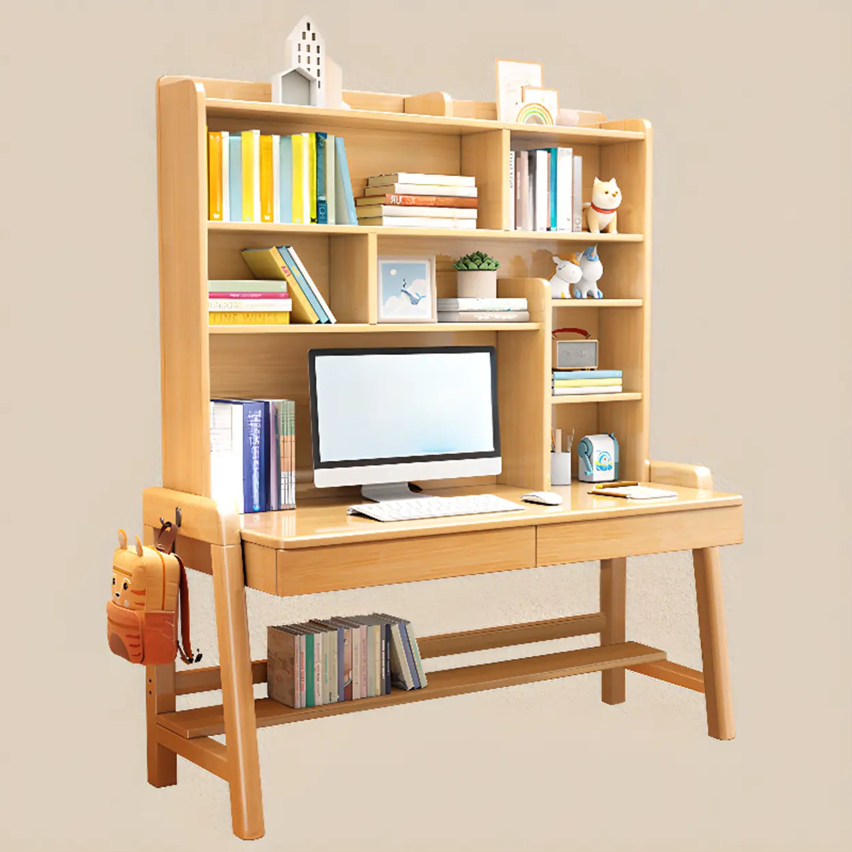 Adjustable Height Wood Kids Desk with Hutch and Shelves Image - 11