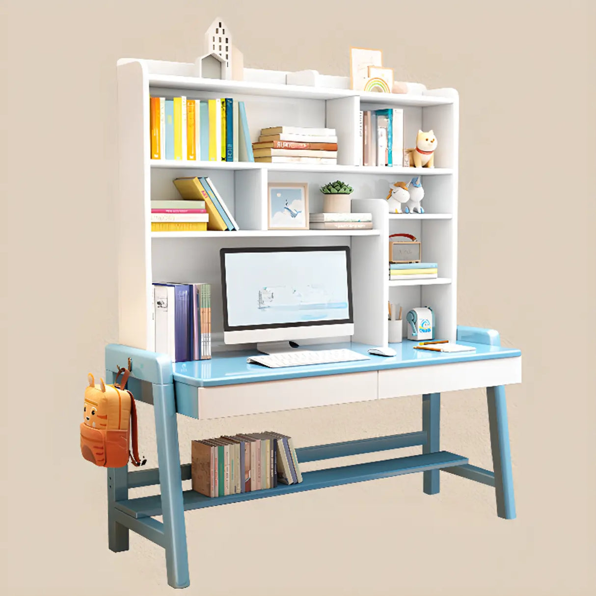 Adjustable Height Wood Kids Desk with Hutch and Shelves Image - 12