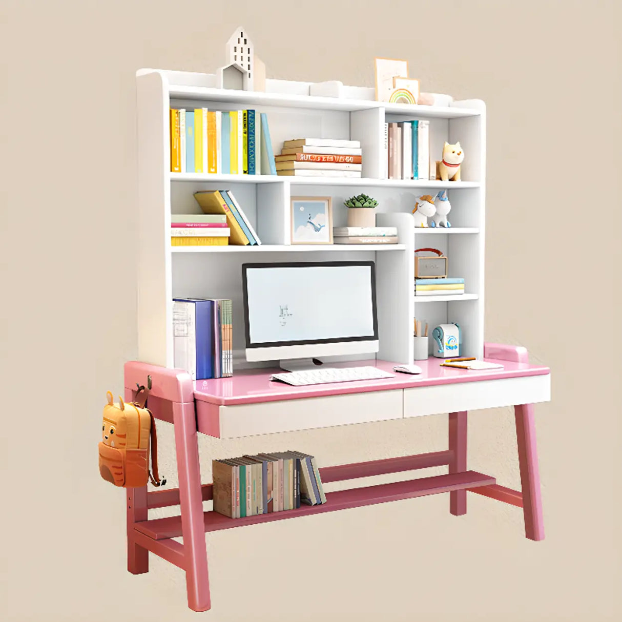 Adjustable Height Wood Kids Desk with Hutch and Shelves Image - 13