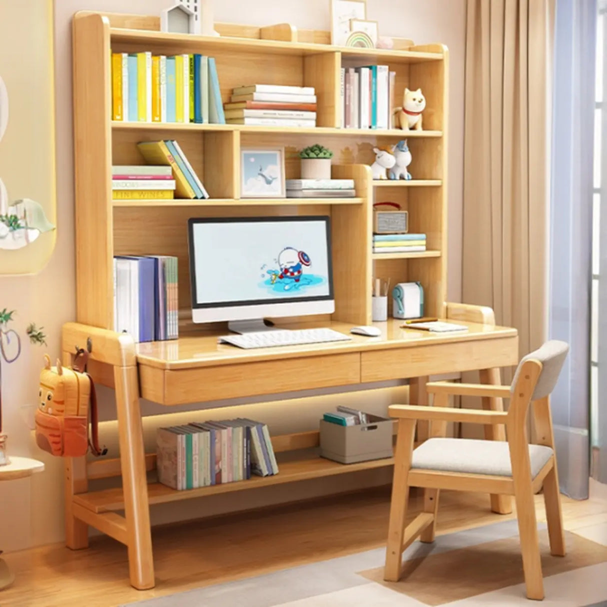 Adjustable Height Wood Kids Desk with Hutch and Shelves Image - 4
