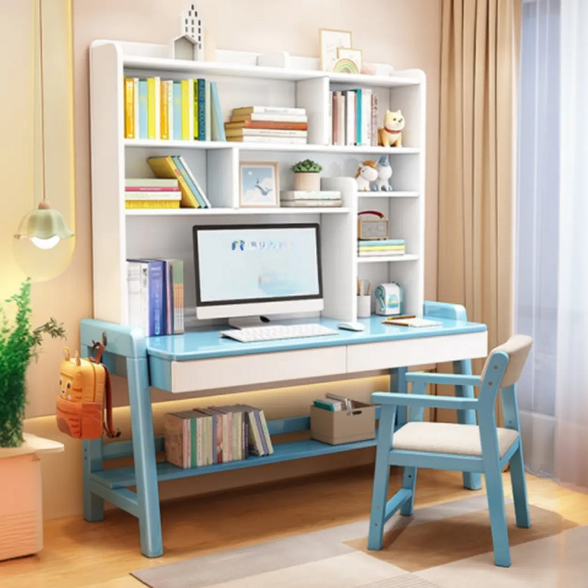 Adjustable Height Wood Kids Desk with Hutch and Shelves Image - 6