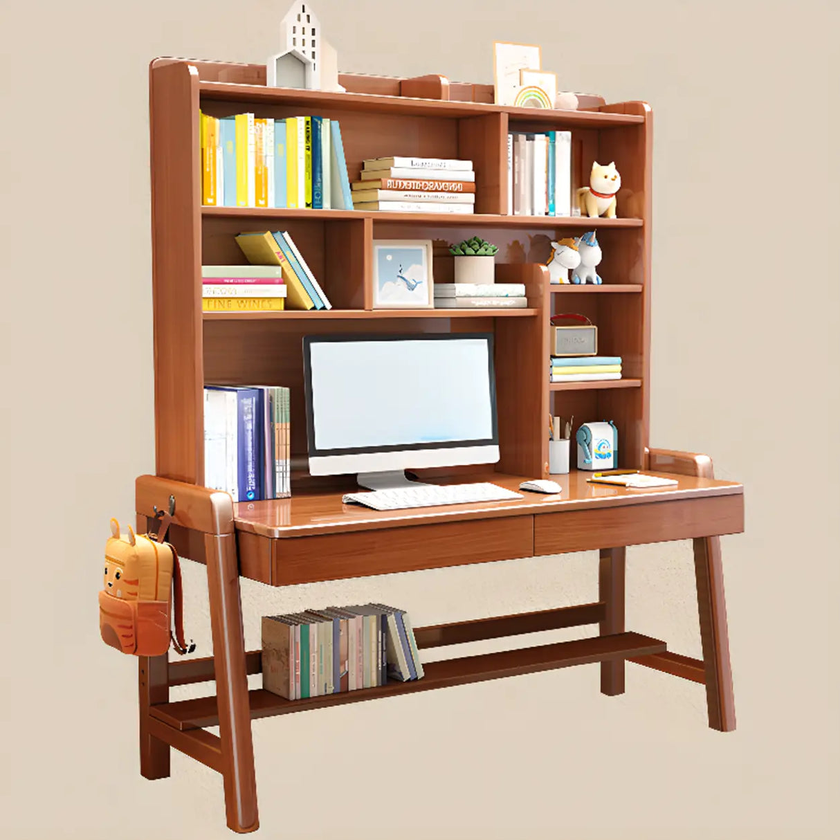 Adjustable Height Wood Kids Desk with Hutch and Shelves Image - 7