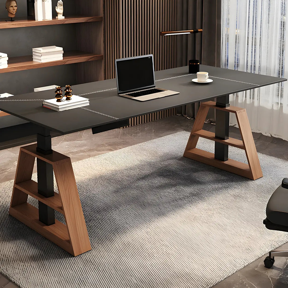 Adjustable Height Wooden T-Shaped Base Standing Desk Image - 3