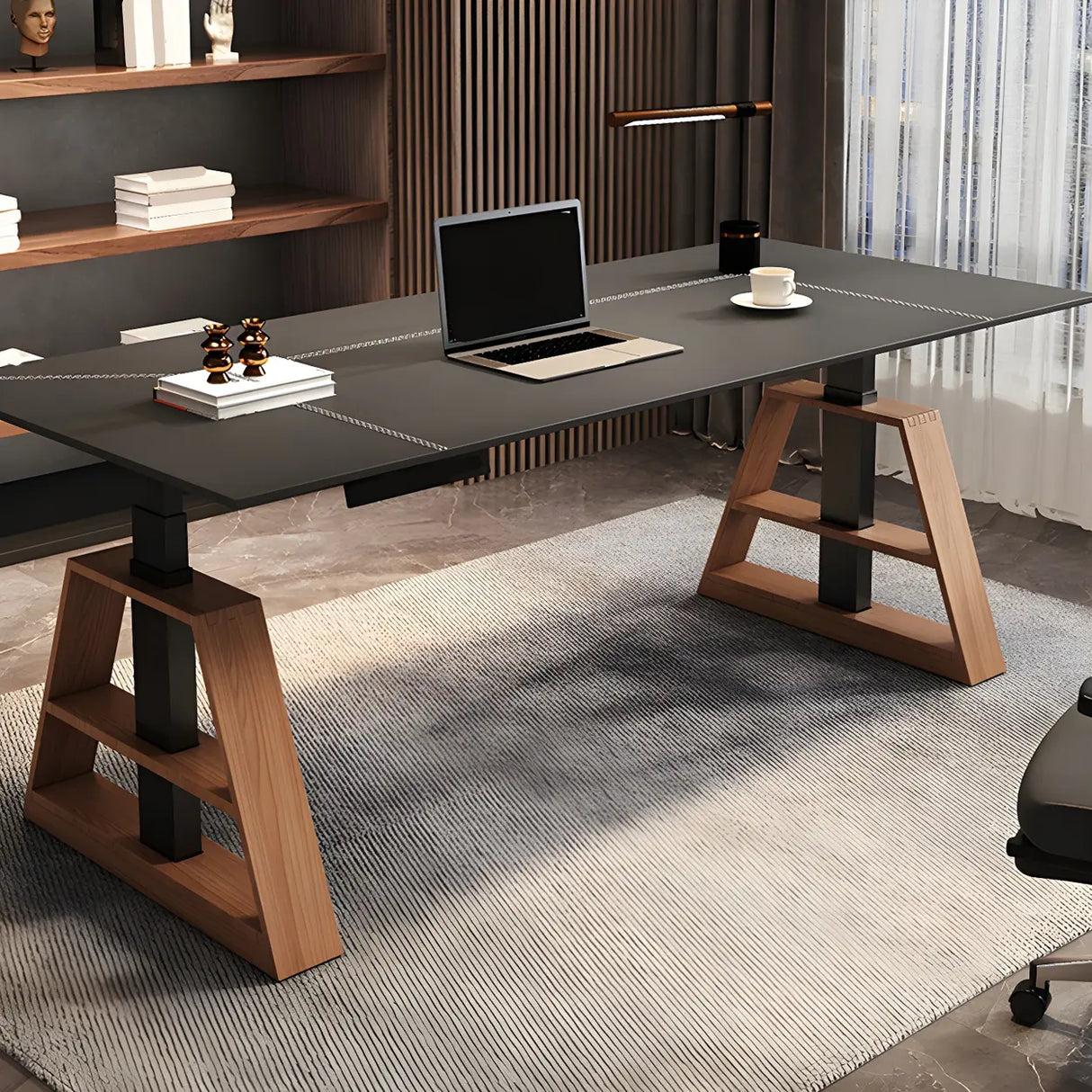 Adjustable Height Wooden T-Shaped Base Standing Desk Image - 6