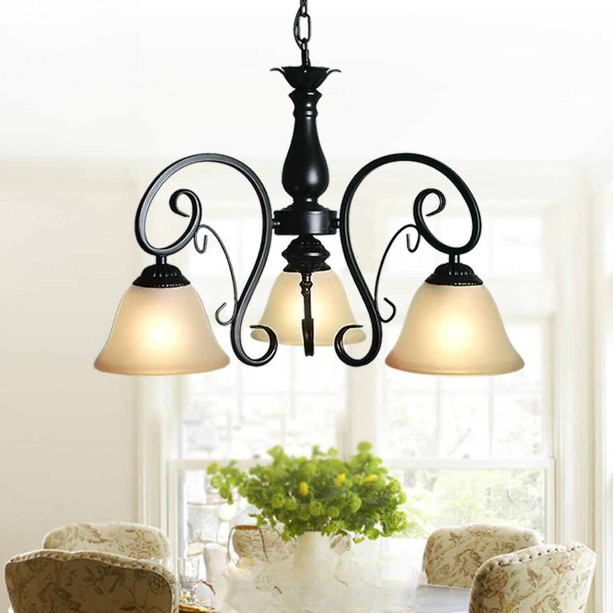 Adjustable Metal Chain White Glass Bell Chandelier Image - 1