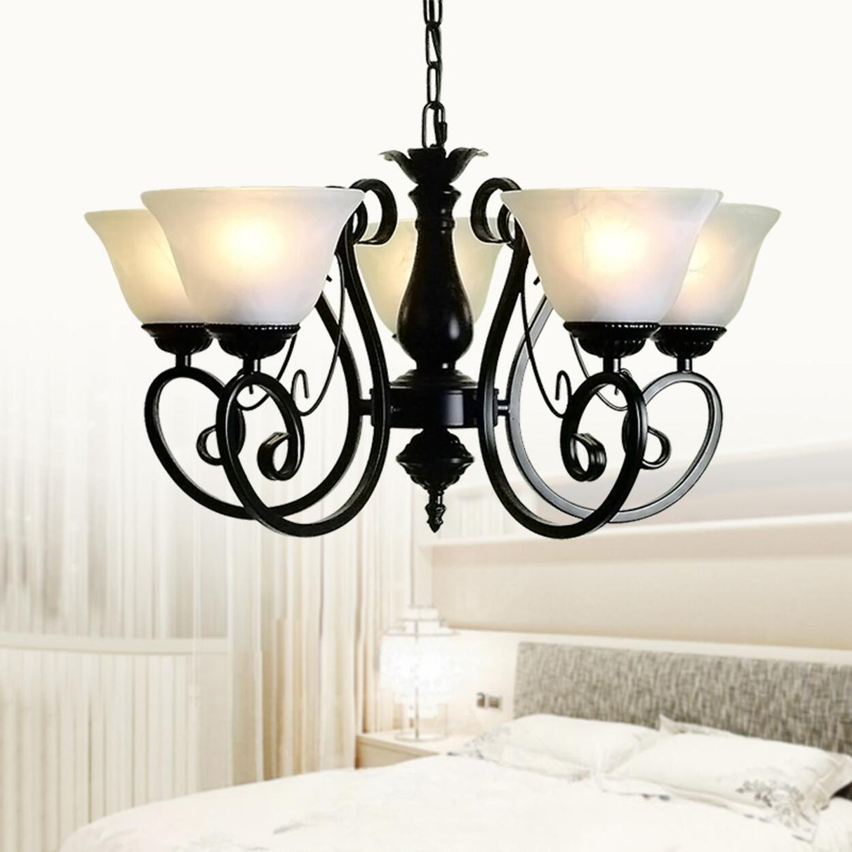 Adjustable Metal Chain White Glass Bell Chandelier Image - 4