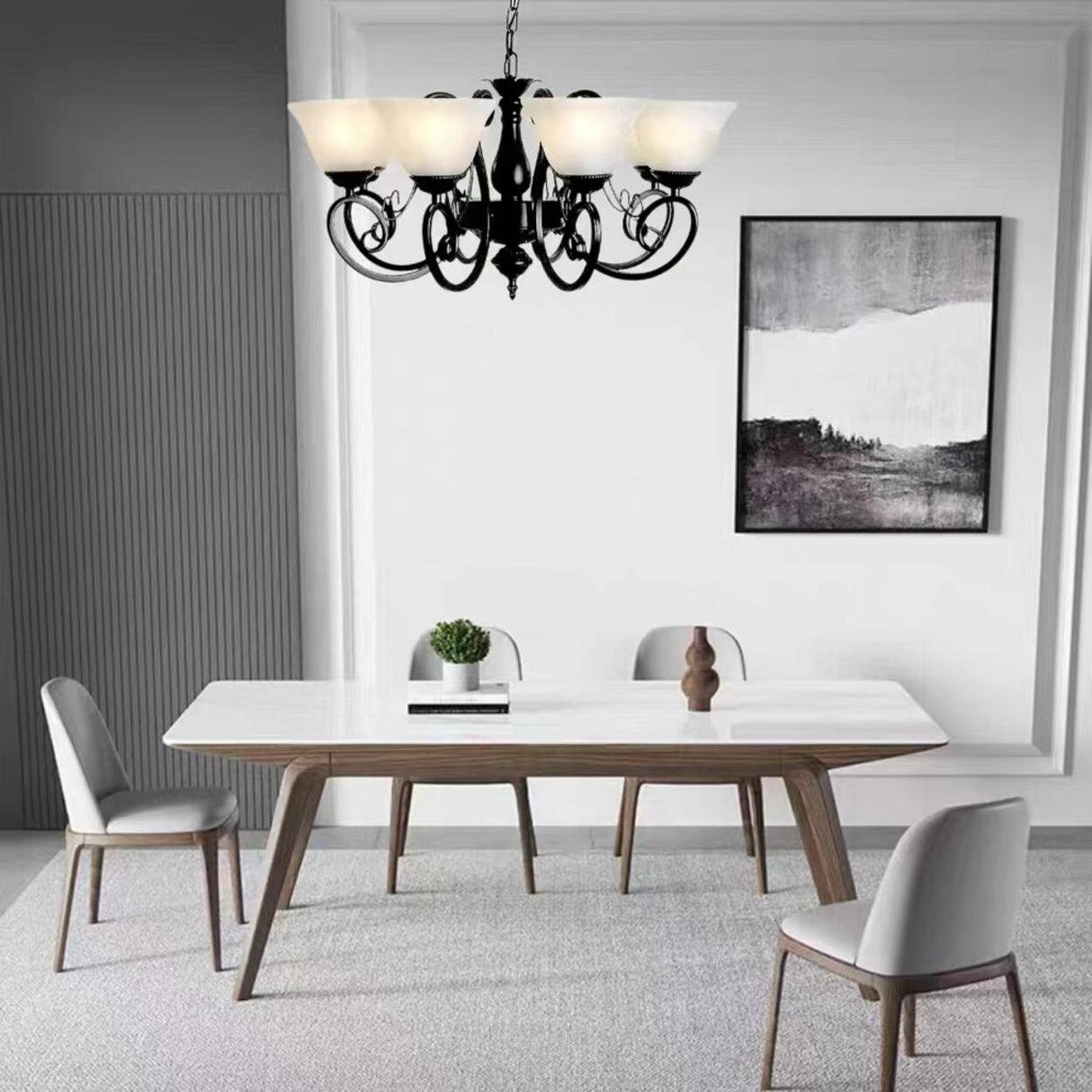 Adjustable Metal Chain White Glass Bell Chandelier Image - 6