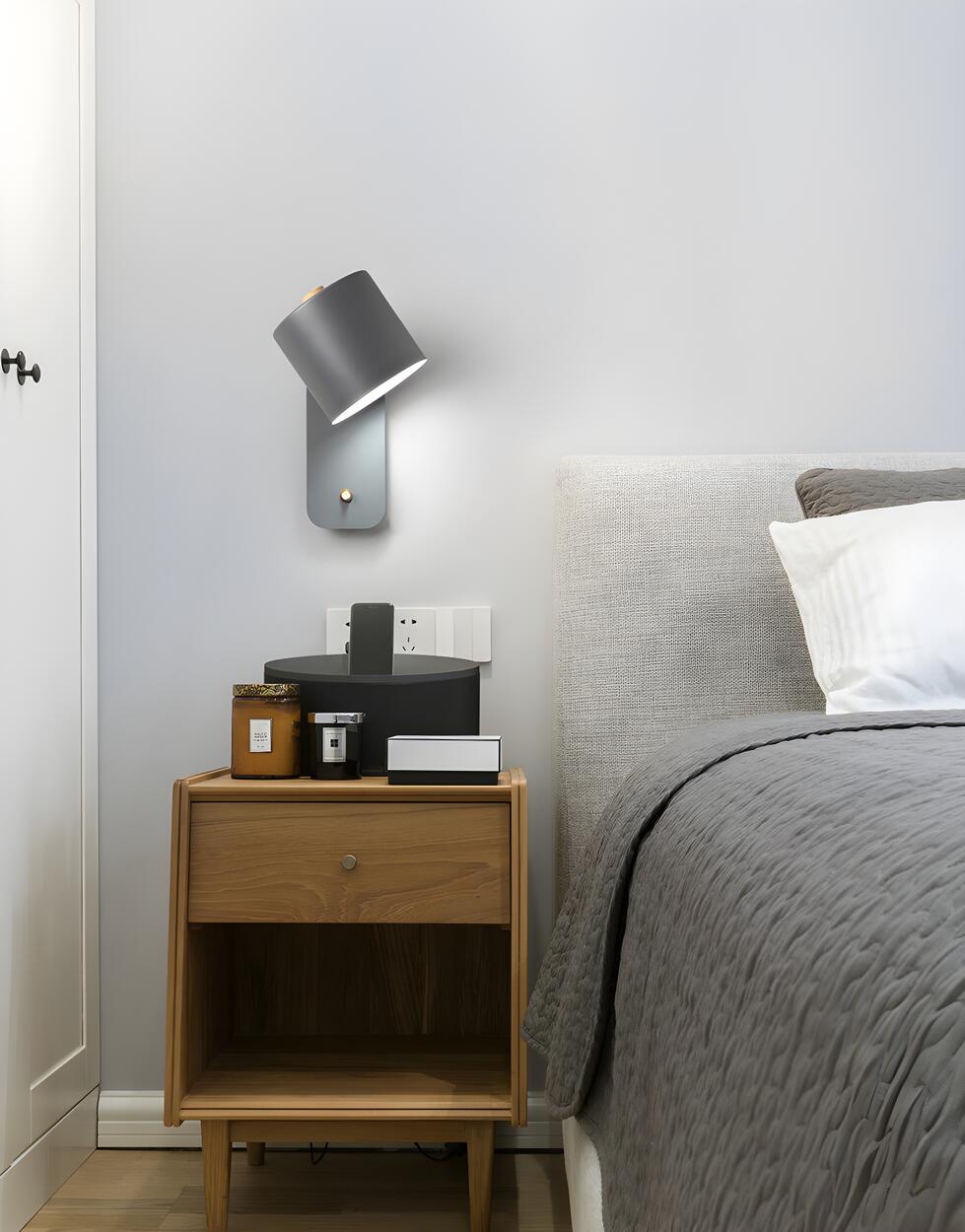 Adjustable Modern Grey Cylinder Bedside Wall Sconce Image - 16