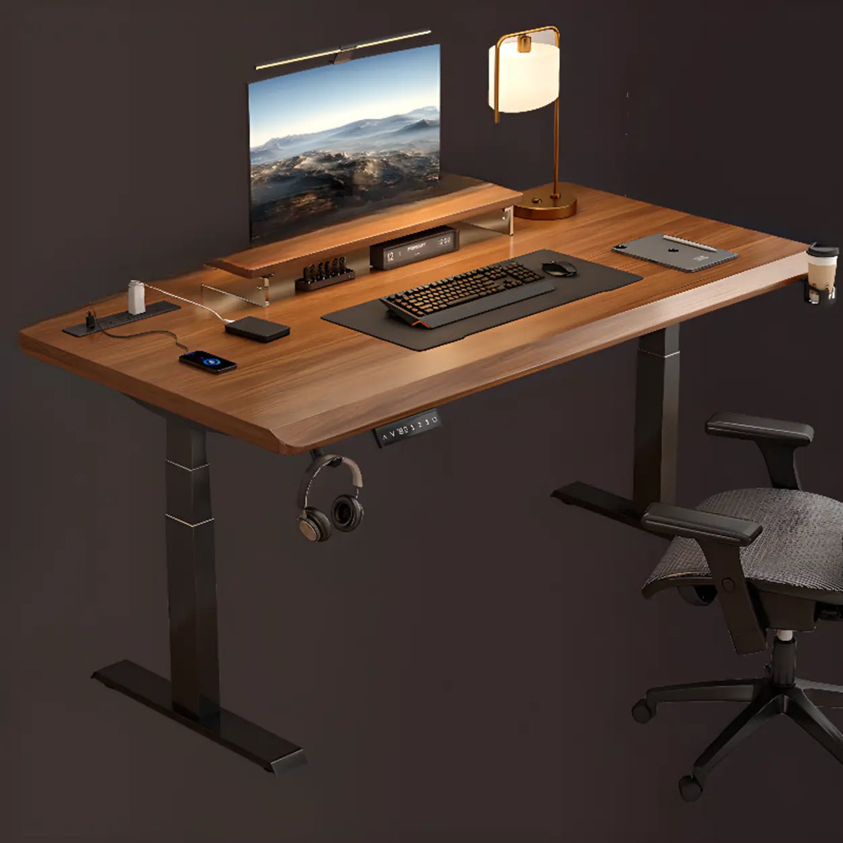 Adjustable Nut-Brown Wooden Rectangular Computer Desk Image - 13