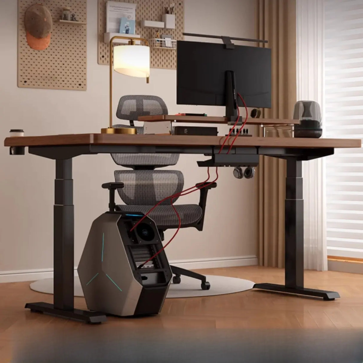 Adjustable Nut-Brown Wooden Rectangular Computer Desk Image - 1