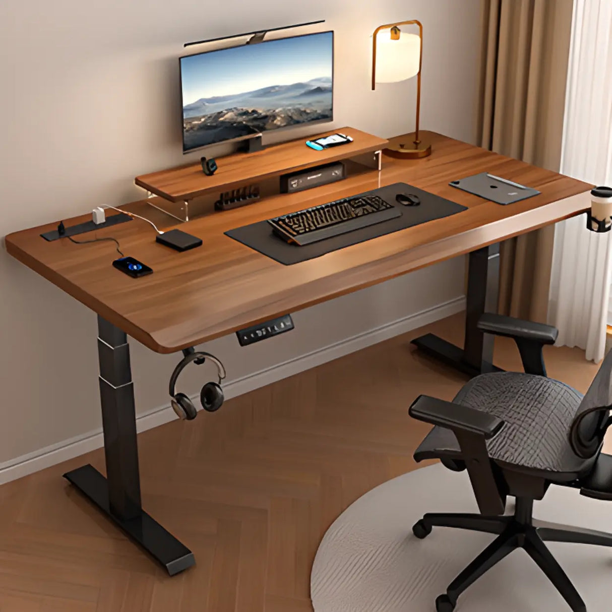 Adjustable Nut-Brown Wooden Rectangular Computer Desk Image - 2