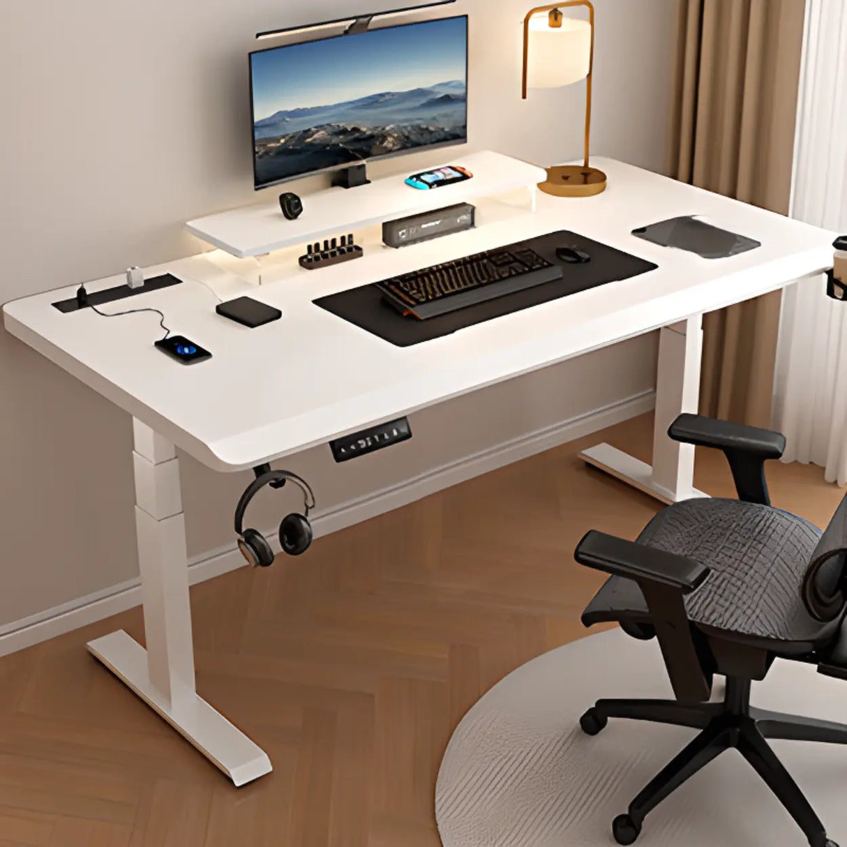 Adjustable Nut-Brown Wooden Rectangular Computer Desk Image - 3