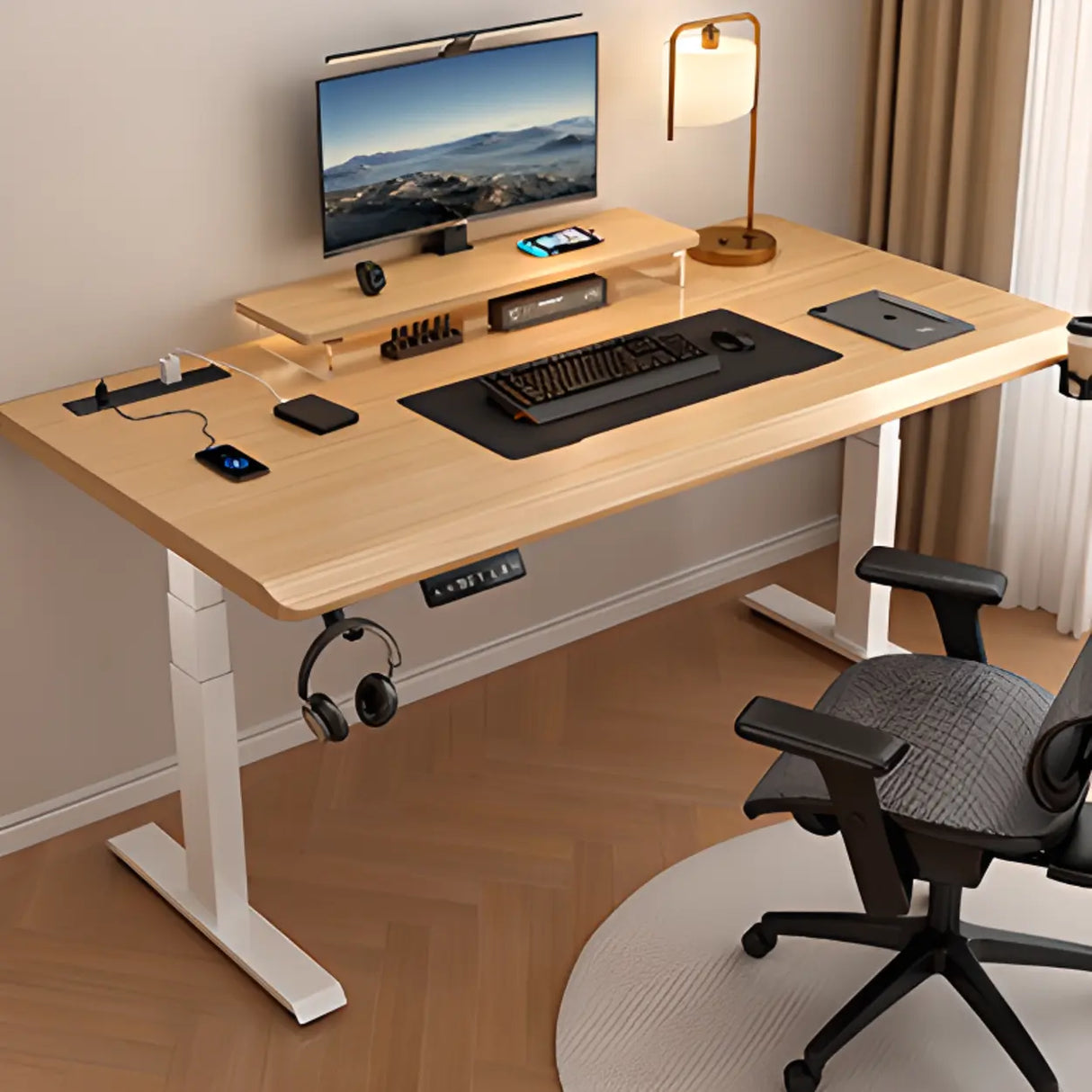 Adjustable Nut-Brown Wooden Rectangular Computer Desk Image - 5