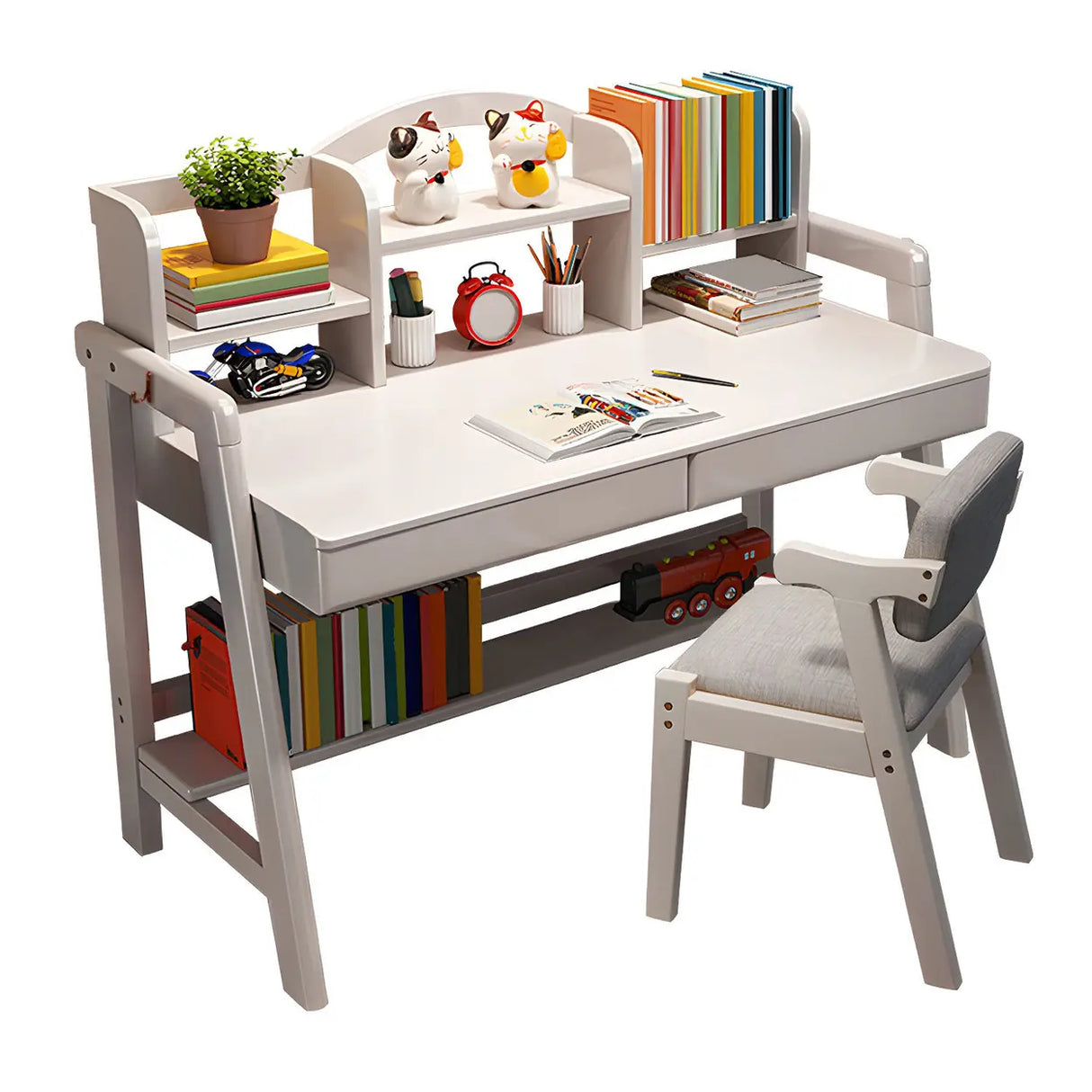 Adjustable Shelves Drawers Wood H-Shape Writing Desk Image - 10