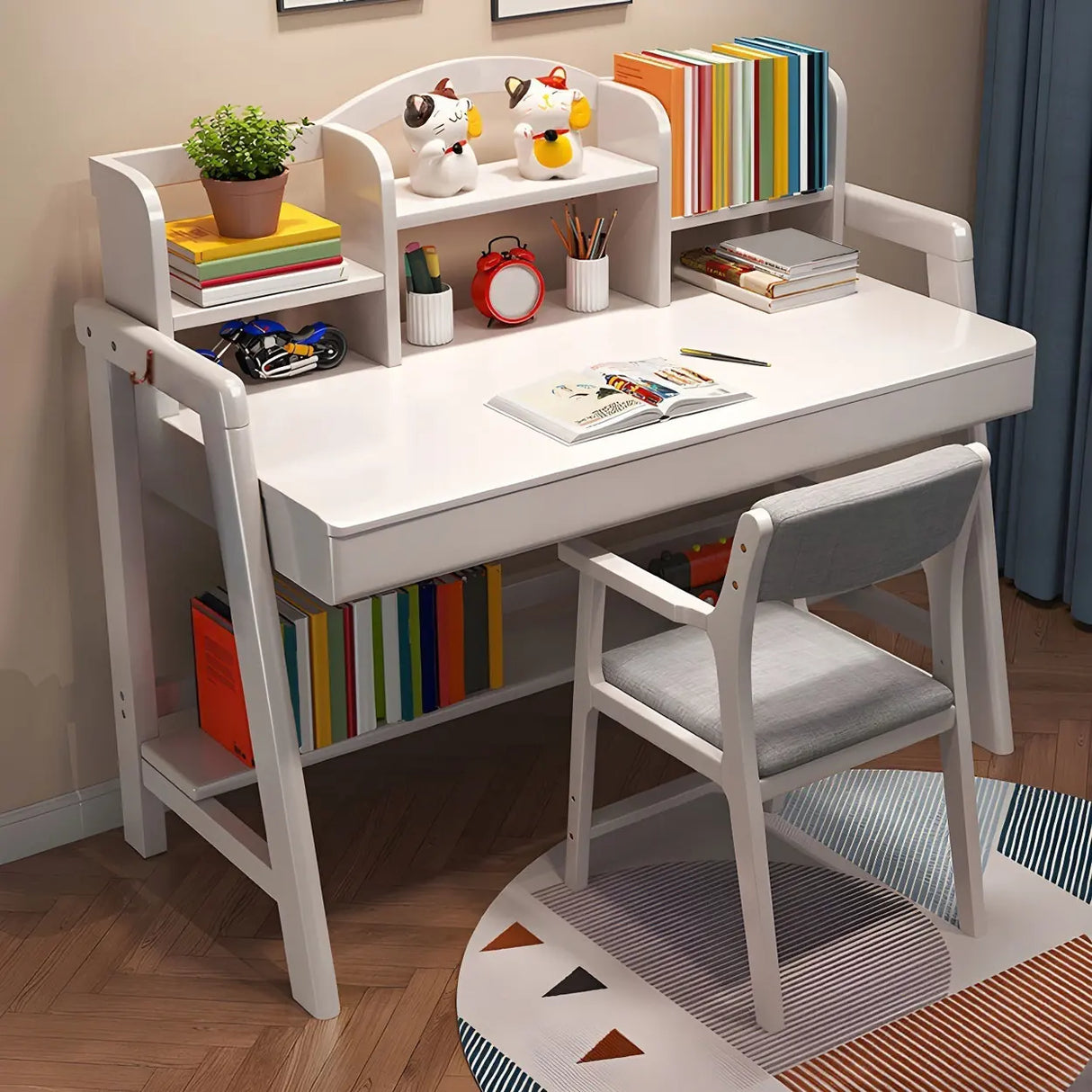 Adjustable Shelves Drawers Wood H-Shape Writing Desk Image - 2