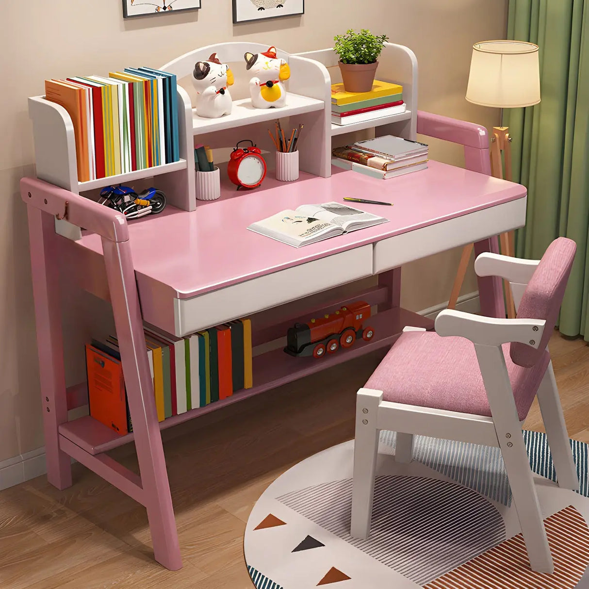 Adjustable Shelves Drawers Wood H-Shape Writing Desk Image - 4