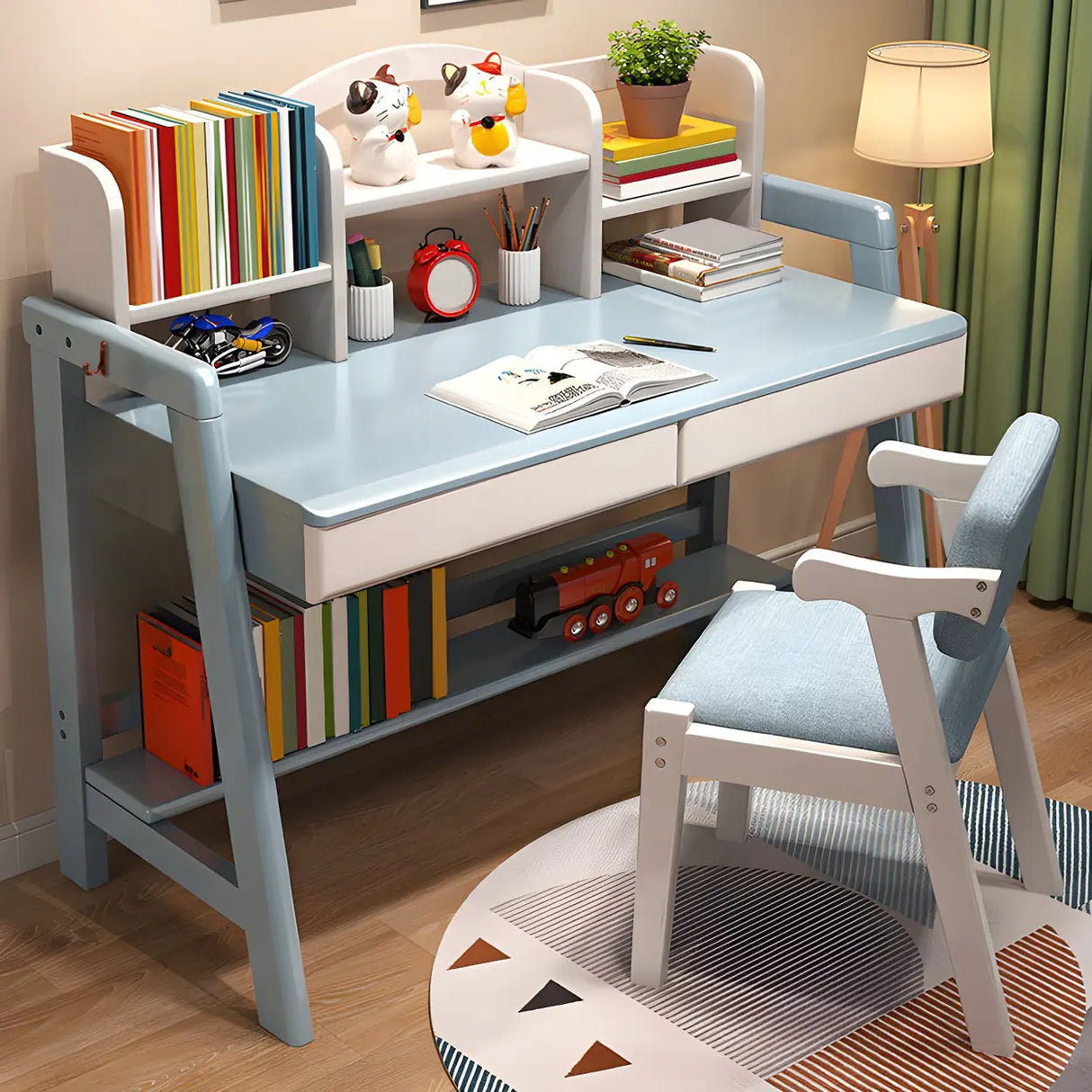 Adjustable Shelves Drawers Wood H-Shape Writing Desk Image - 6