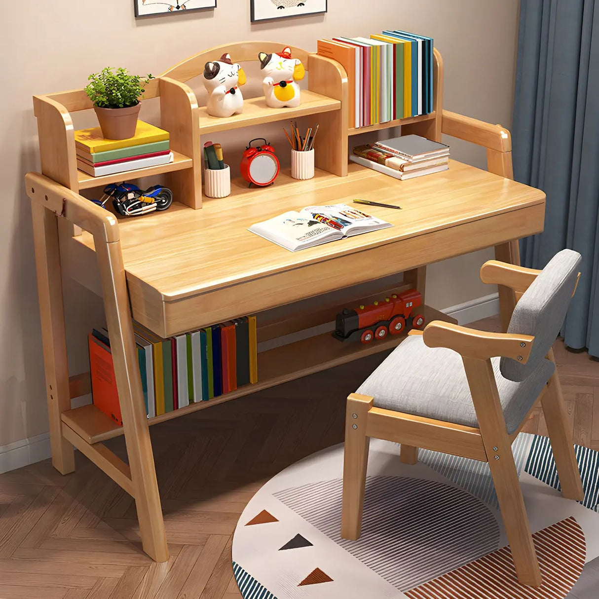 Adjustable Shelves Drawers Wood H-Shape Writing Desk Image - 7