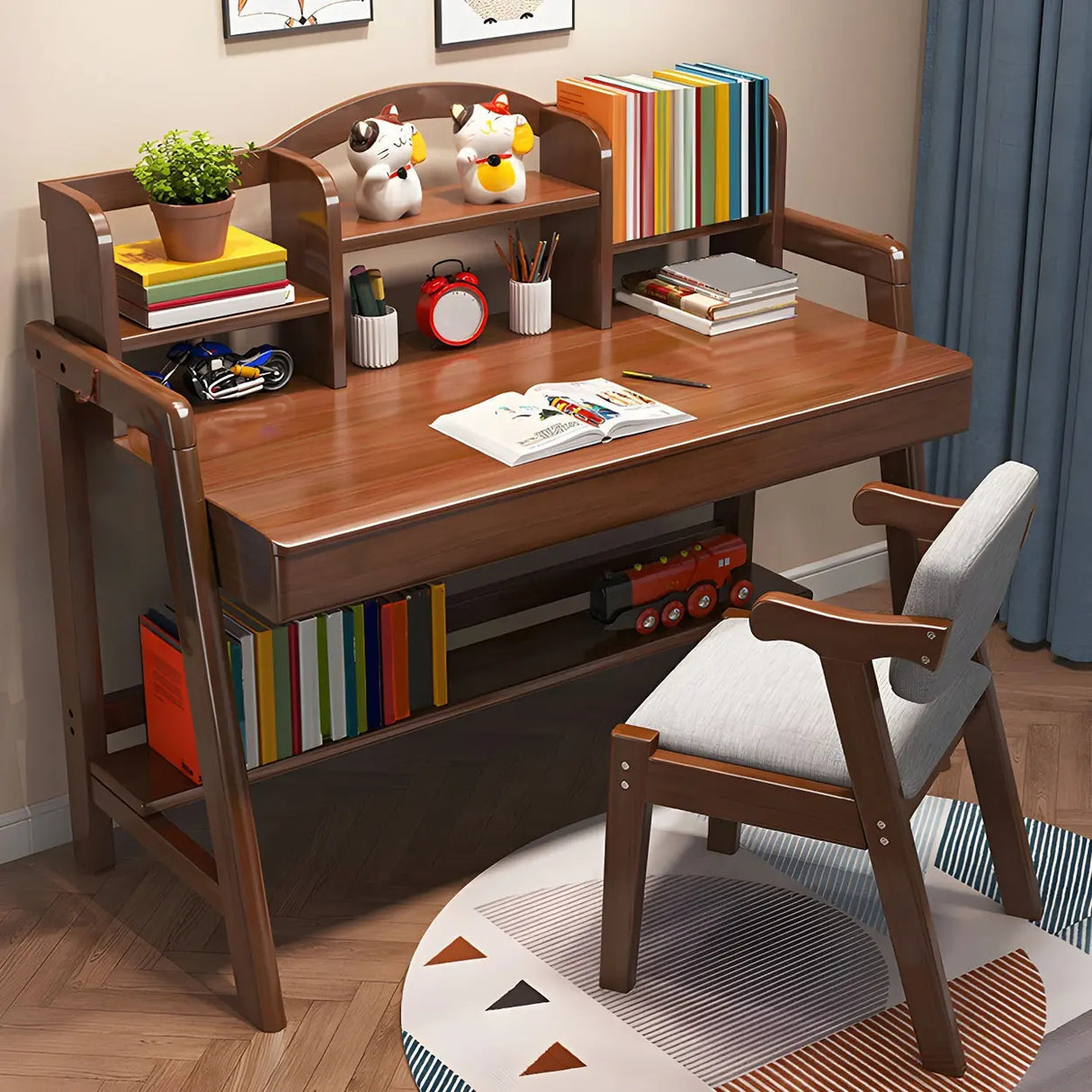 Adjustable Shelves Drawers Wood H-Shape Writing Desk Image - 9