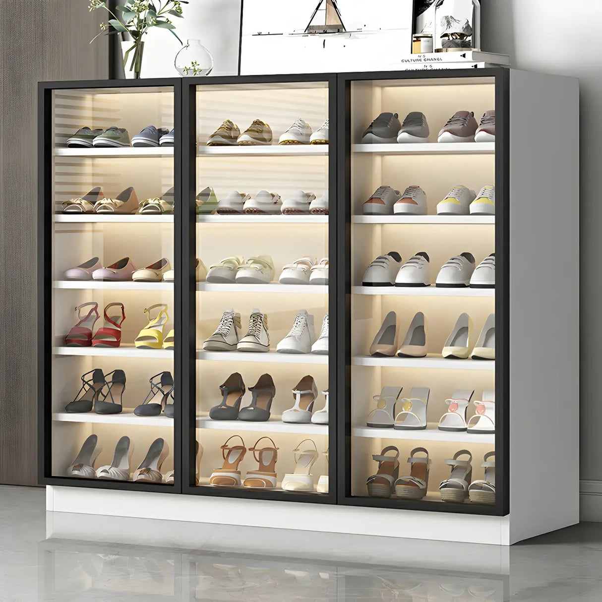 Adjustable Shelves Glass Door Black Large Shoe Cabinet Image - 11