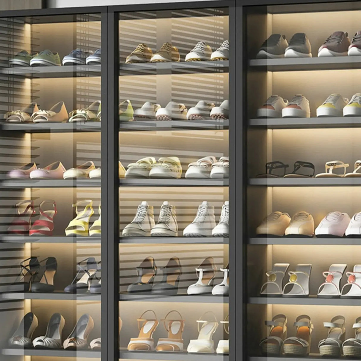 Adjustable Shelves Glass Door Black Large Shoe Cabinet Image - 12