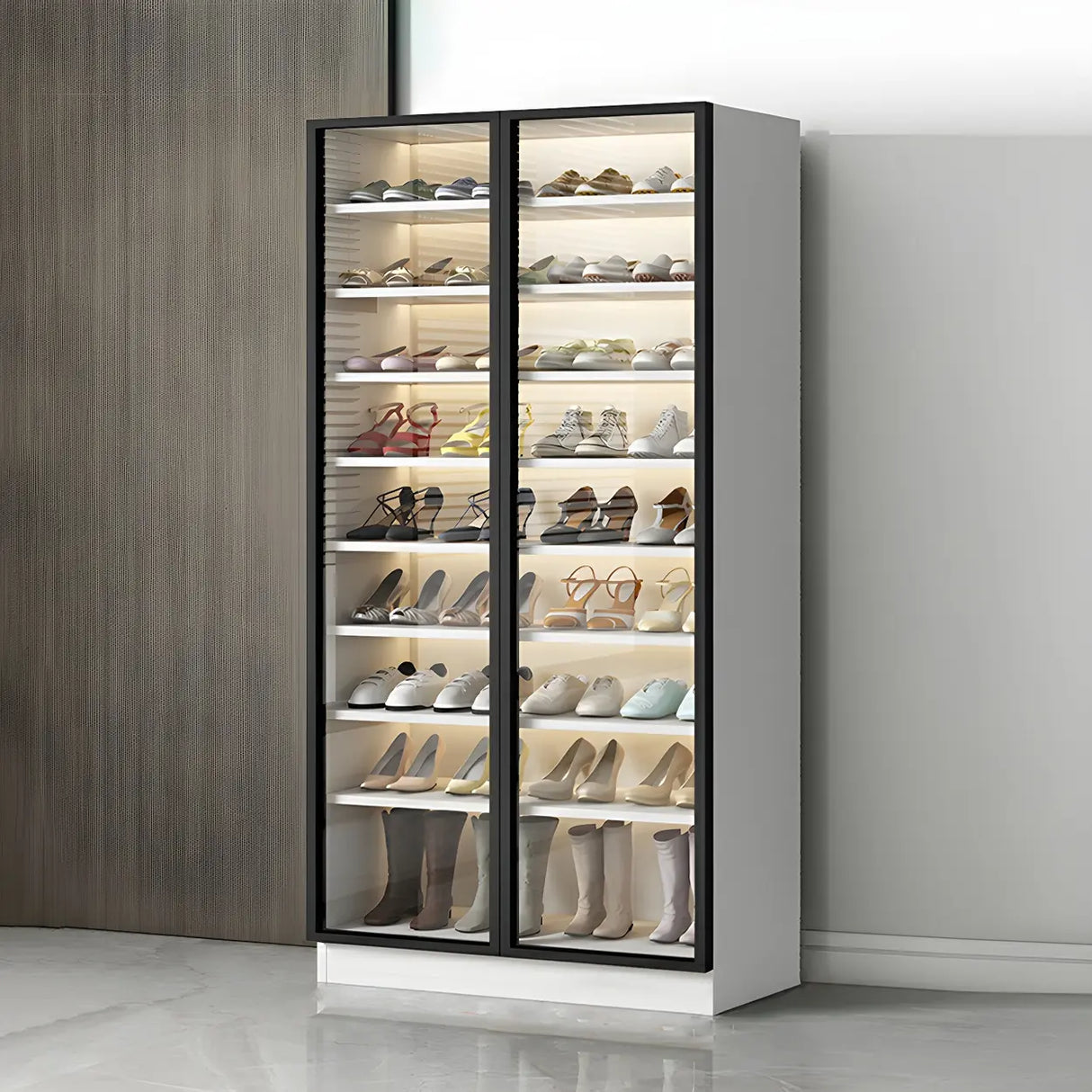 Adjustable Shelves Glass Door Black Large Shoe Cabinet Image - 13