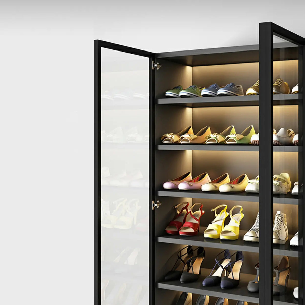 Adjustable Shelves Glass Door Black Large Shoe Cabinet Image - 14