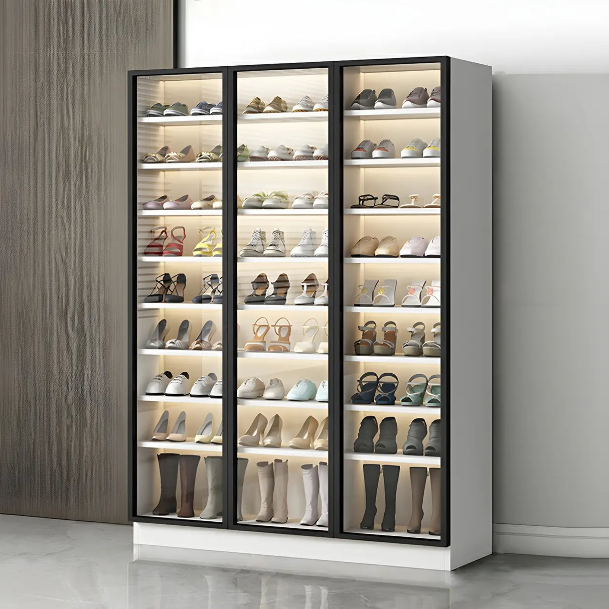 Adjustable Shelves Glass Door Black Large Shoe Cabinet Image - 15