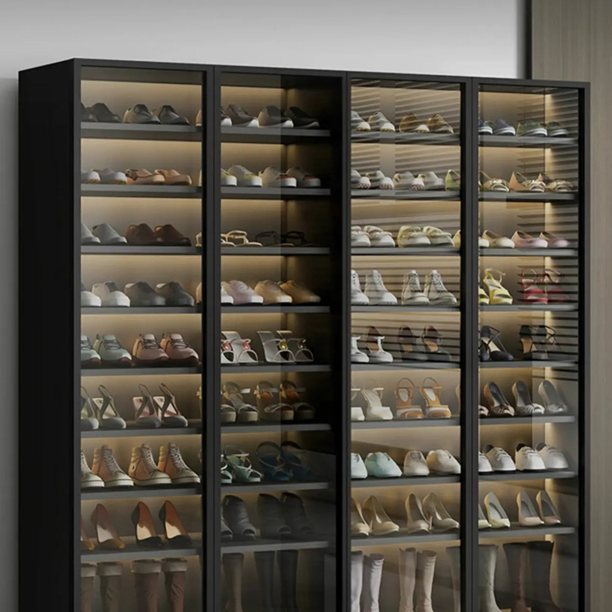 Adjustable Shelves Glass Door Black Large Shoe Cabinet Image - 16