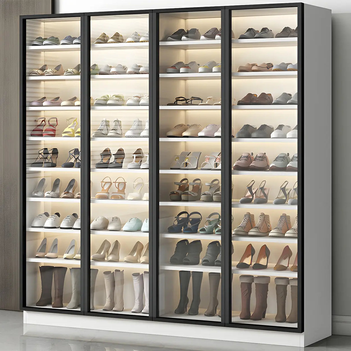 Adjustable Shelves Glass Door Black Large Shoe Cabinet Image - 17