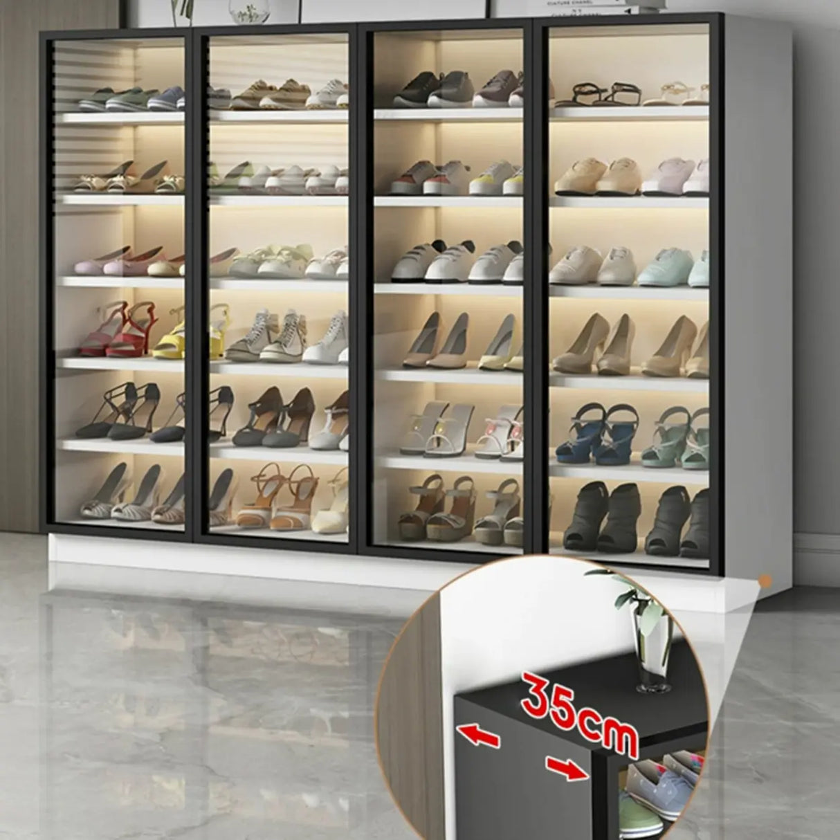 Adjustable Shelves Glass Door Black Large Shoe Cabinet Image - 18