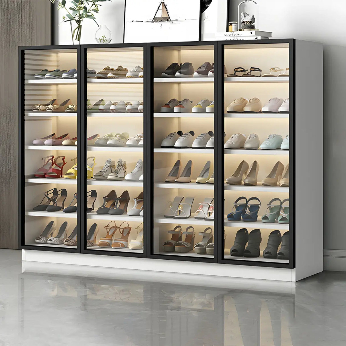 Adjustable Shelves Glass Door Black Large Shoe Cabinet Image - 19