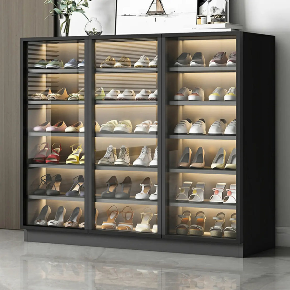 Adjustable Shelves Glass Door Black Large Shoe Cabinet Image - 1