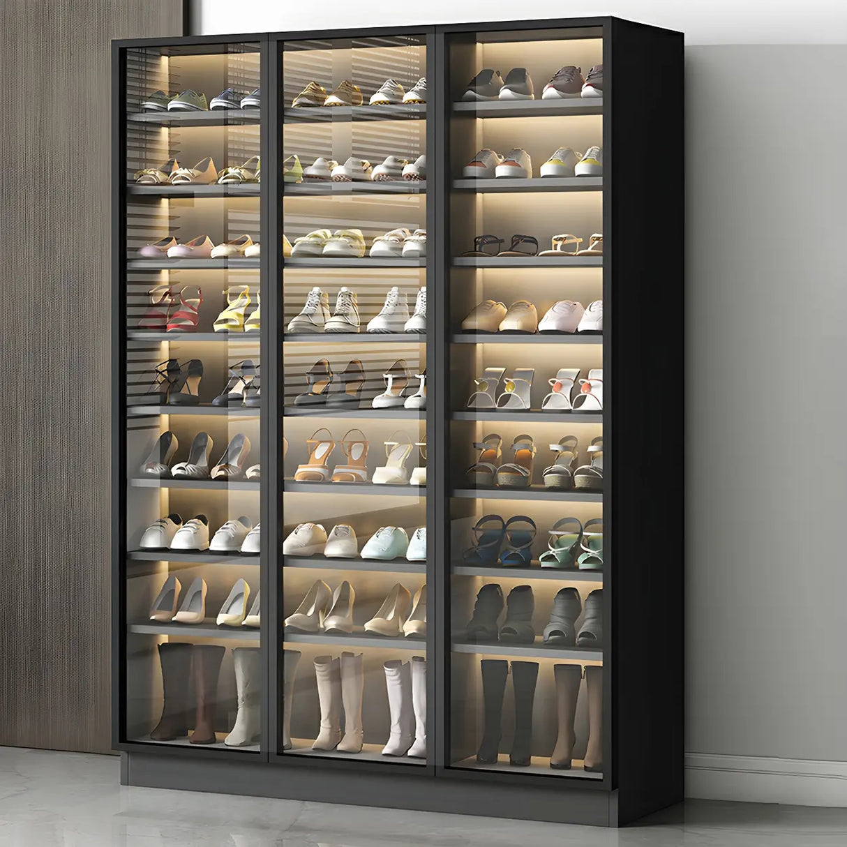 Adjustable Shelves Glass Door Black Large Shoe Cabinet Image - 4