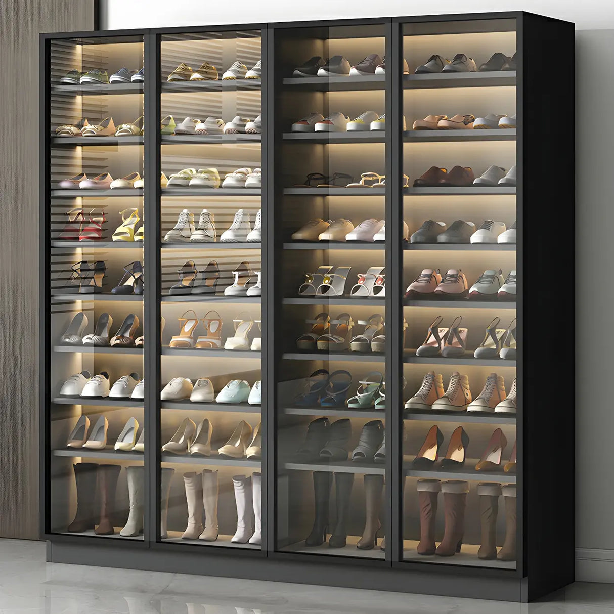 Adjustable Shelves Glass Door Black Large Shoe Cabinet Image - 5