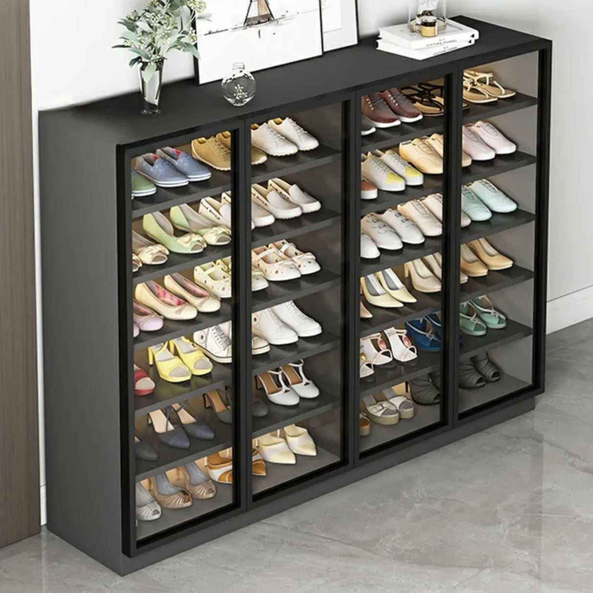 Adjustable Shelves Glass Door Black Large Shoe Cabinet Image - 6