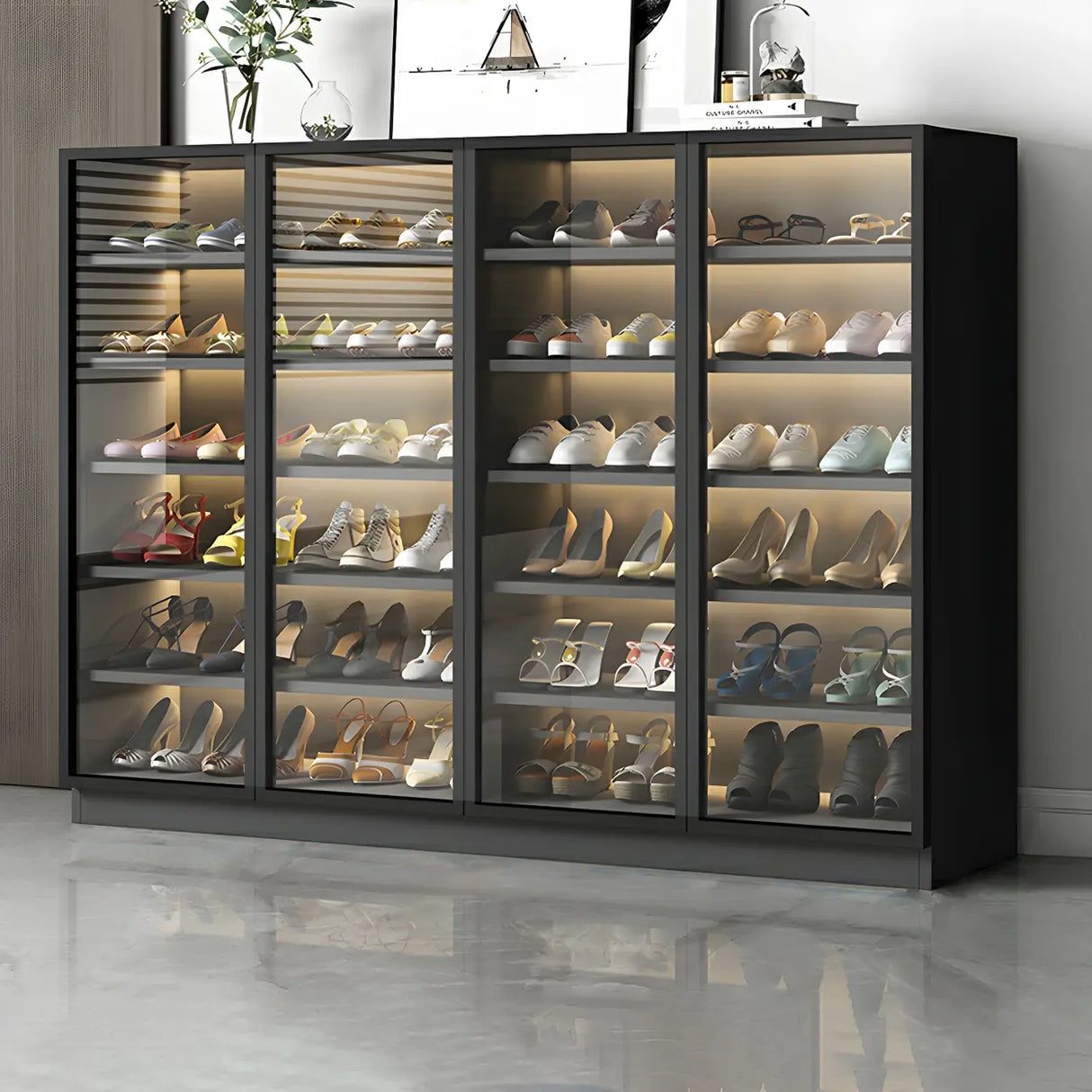 Adjustable Shelves Glass Door Black Large Shoe Cabinet Image - 7