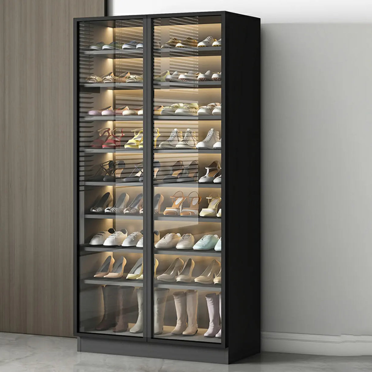 Adjustable Shelves Glass Door Black Large Shoe Cabinet Image - 8