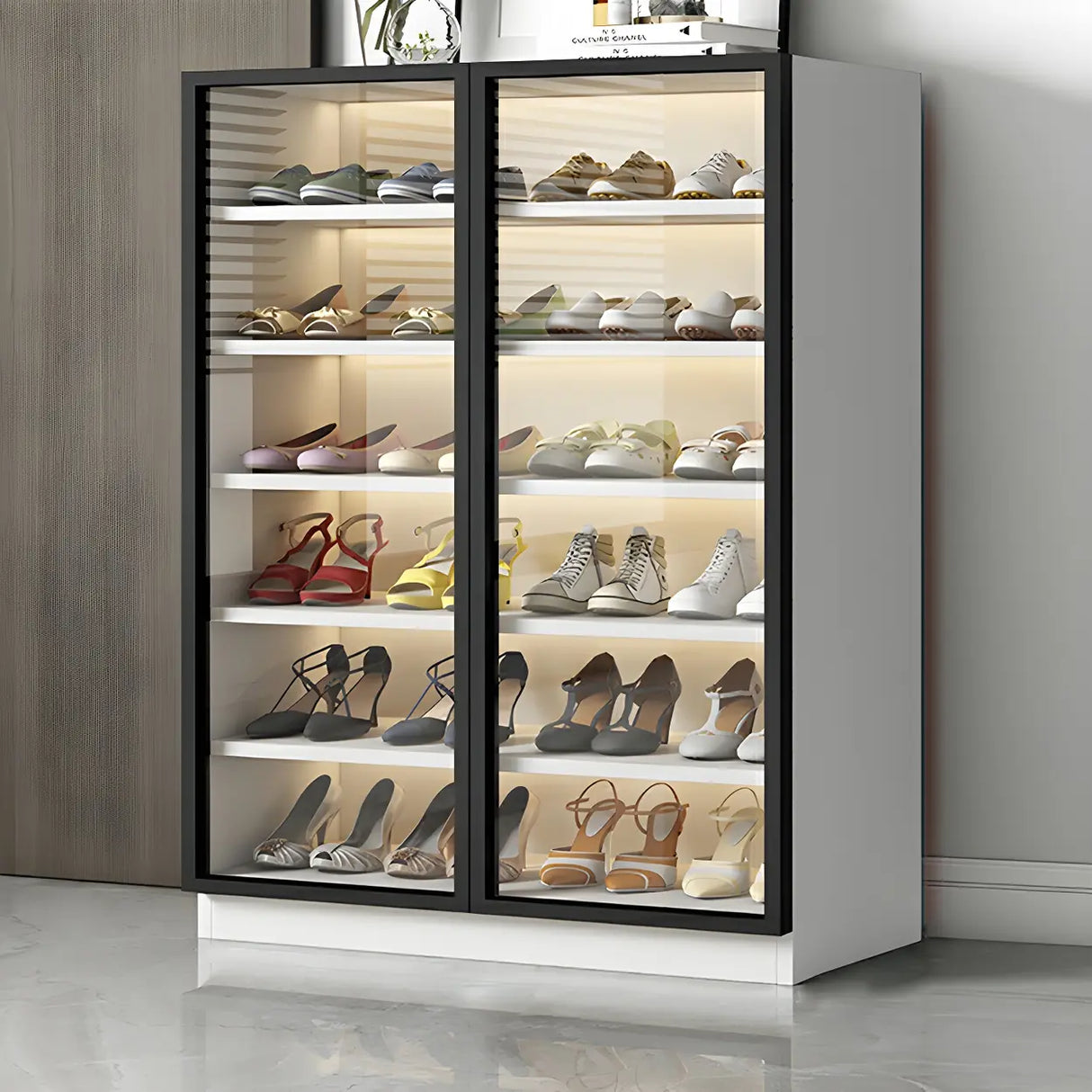 Adjustable Shelves Glass Door Black Large Shoe Cabinet Image - 9
