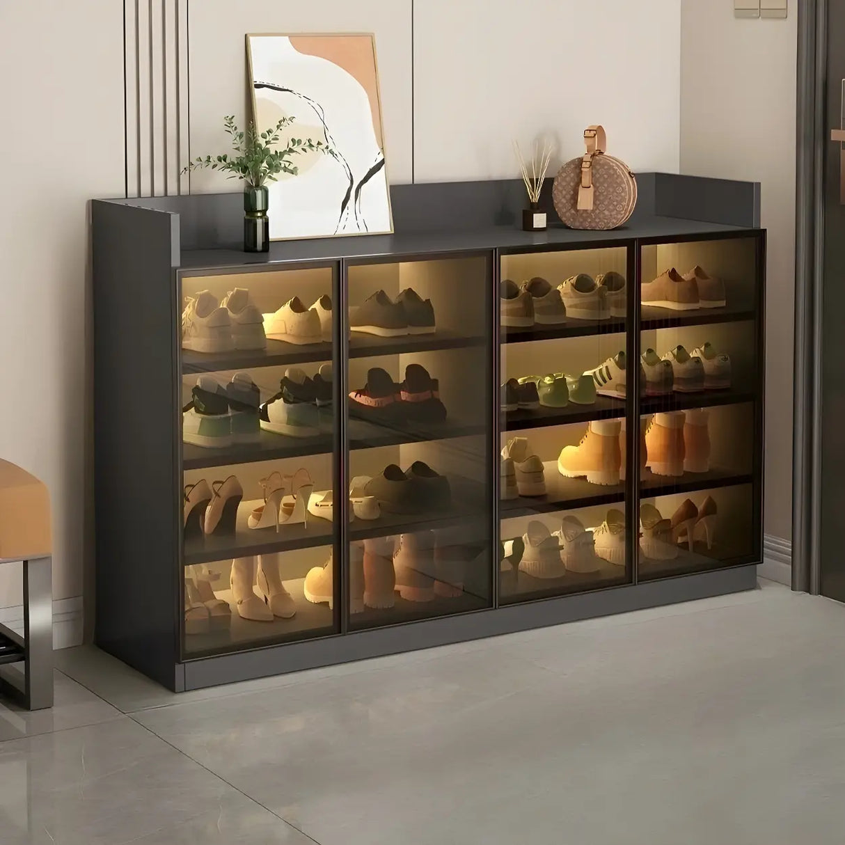 Adjustable Shelves Glass Entryway White LED Shoe Cabinet Image - 11