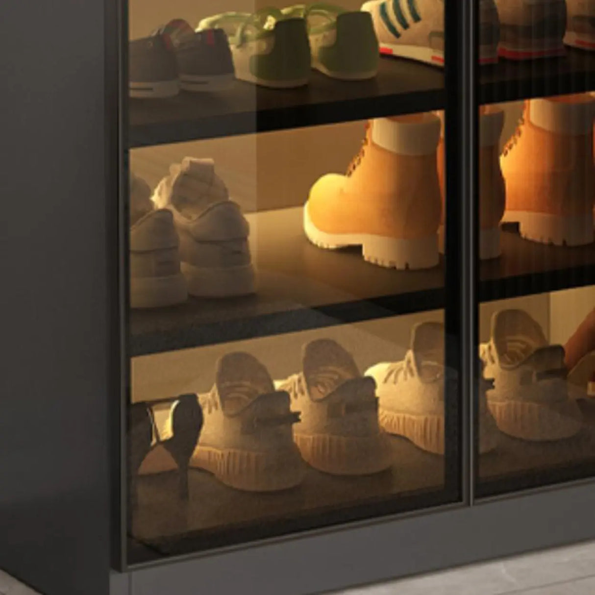 Adjustable Shelves Glass Entryway White LED Shoe Cabinet Image - 12