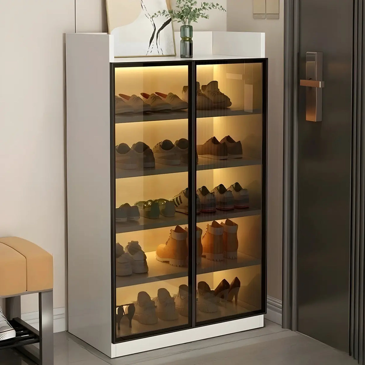 Adjustable Shelves Glass Entryway White LED Shoe Cabinet Image - 13