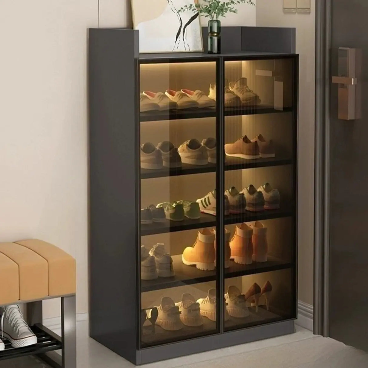 Adjustable Shelves Glass Entryway White LED Shoe Cabinet Image - 16