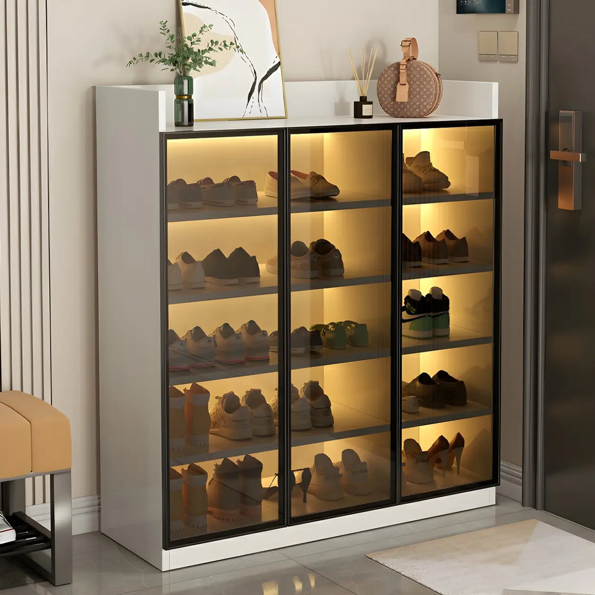 Adjustable Shelves Glass Entryway White LED Shoe Cabinet Image - 17
