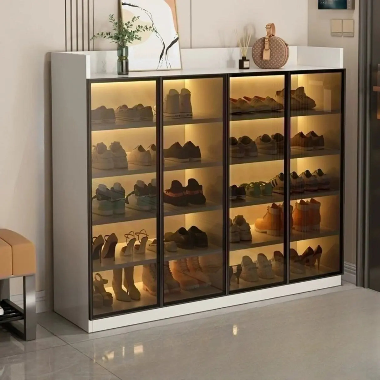 Adjustable Shelves Glass Entryway White LED Shoe Cabinet Image - 19